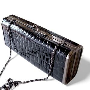 Vintage SASHA Black Crocodile-Embossed Clutch W/Chain Strap 8.5 x 4 Chain 11”